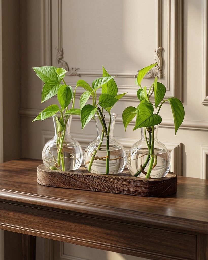 Three glass vases with plants on a wooden surface in a room with decorative wall molding.