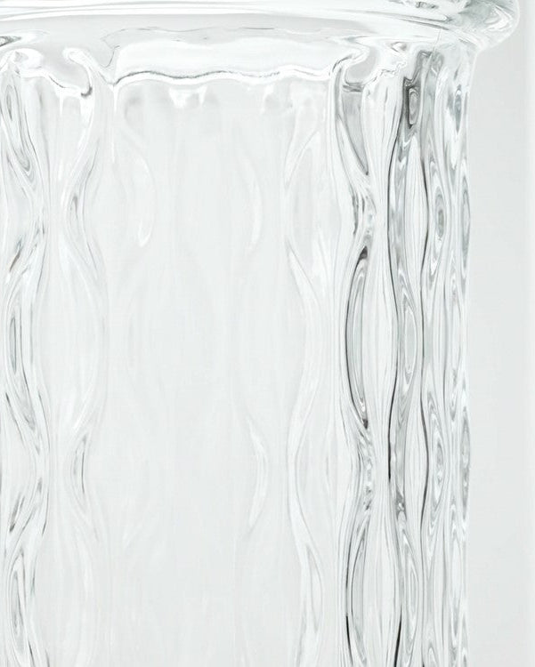 Clear glass vase with textured design on a white background