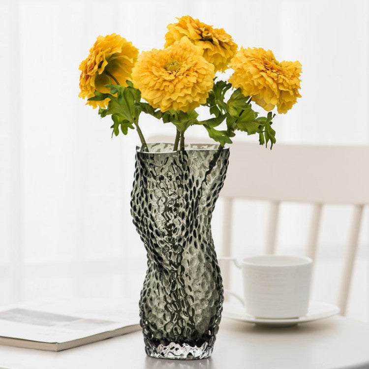 Wavy Textured Glass Vase with yellow flower inside