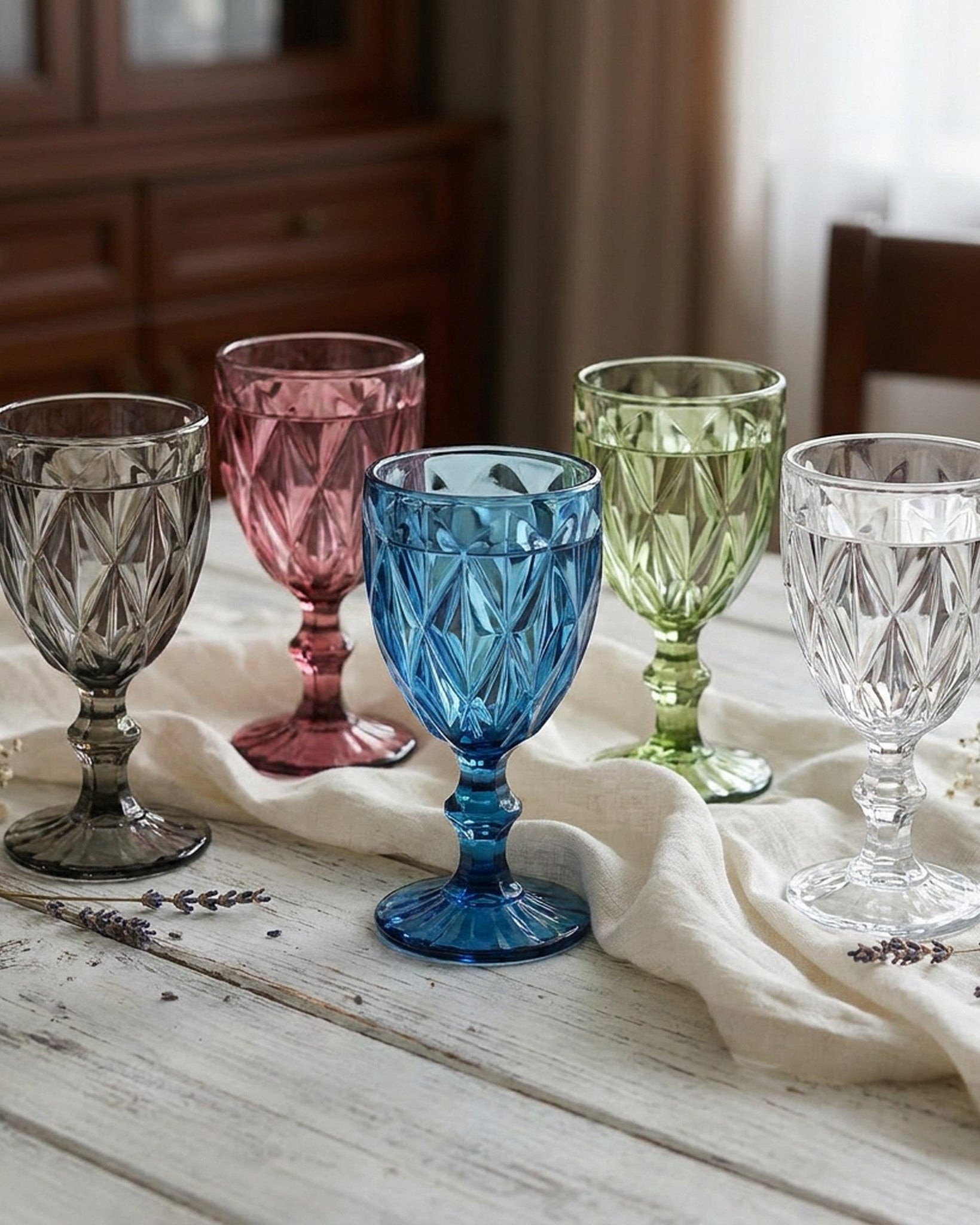 Set of colorful glass goblets on a wooden surface with eucalyptus leaves.