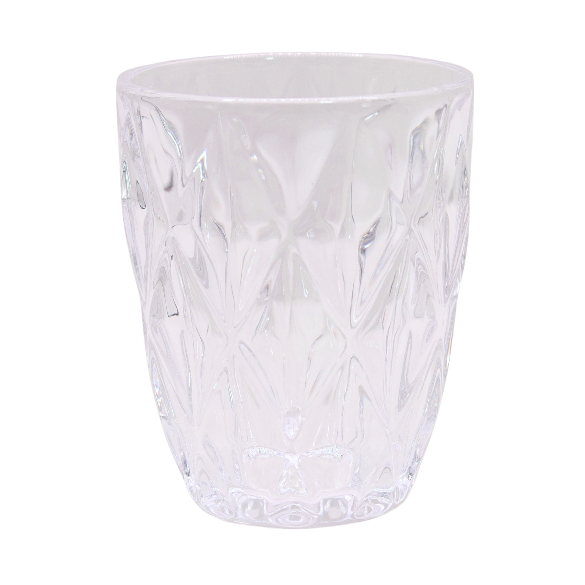 Clear glass vase with textured design on a white background