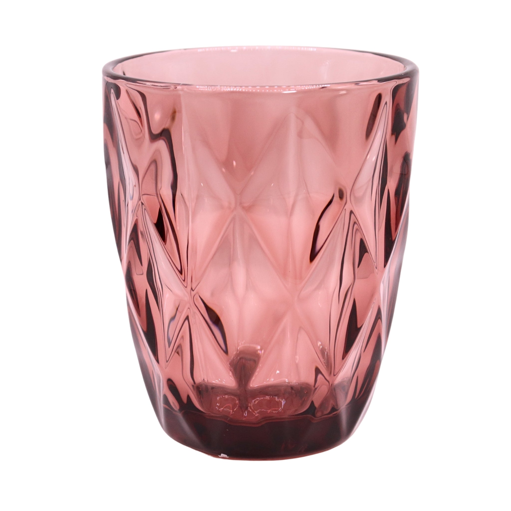Purple glass tumbler with textured design on a white background