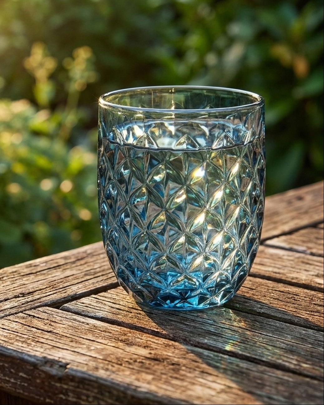 Blue textured glass tumbler on a marble surface