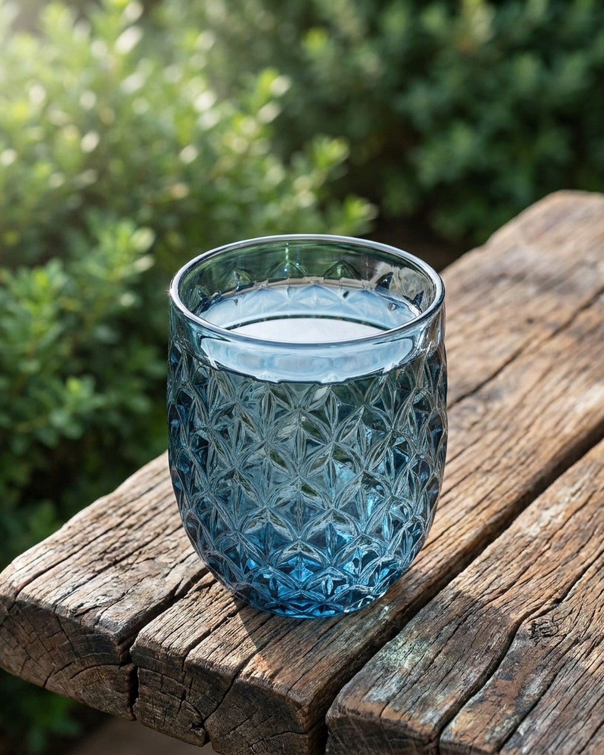 Set of blue textured glass tumblers on a light background