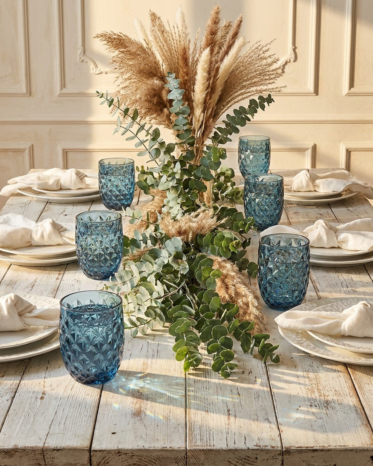 Set of blue textured glass tumblers on a marble surface with a light gray background