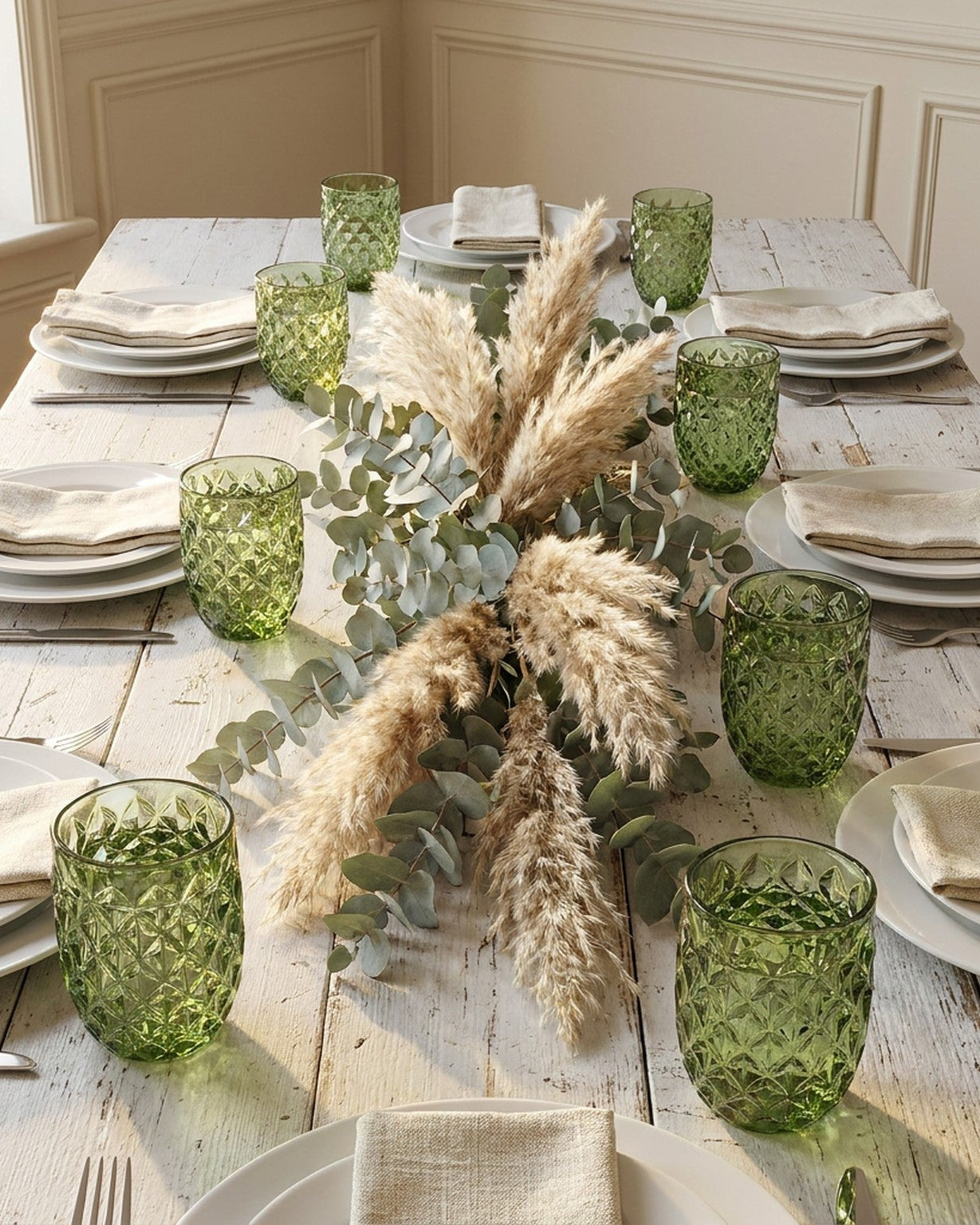 Set of green patterned glass tumblers on a white surface with a gray background