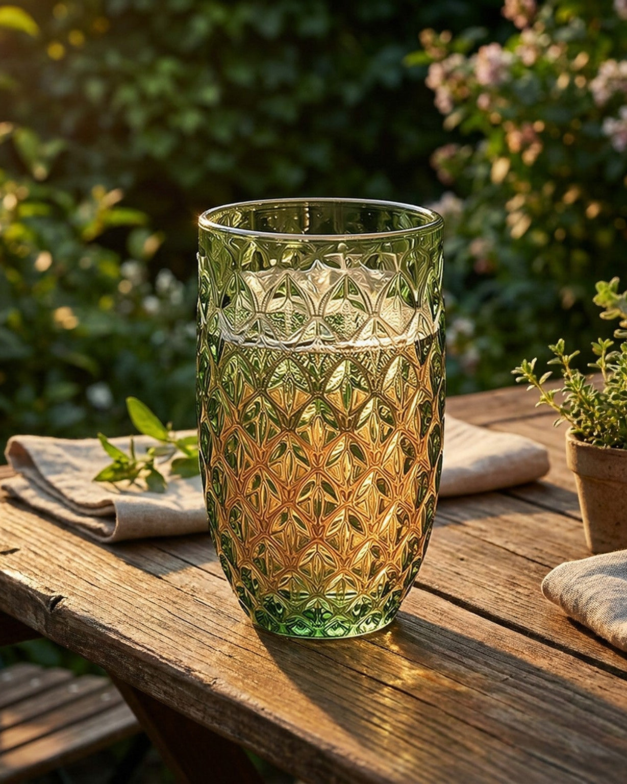 Green textured glass tumbler on a wooden surface
