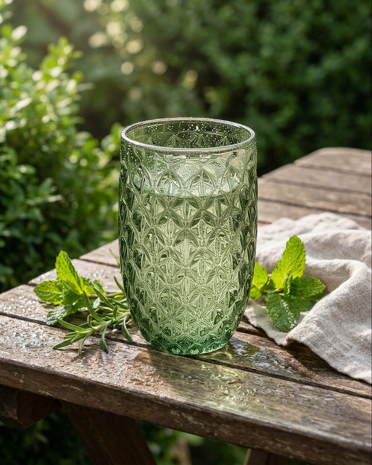 Green textured glass on a wooden table with greenery in the background