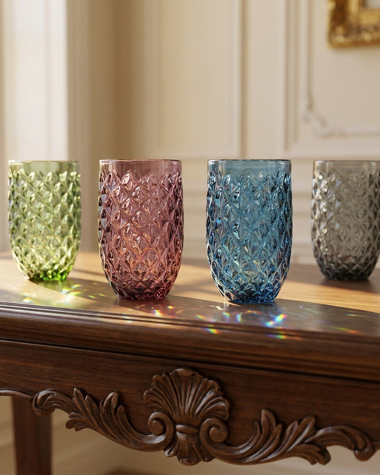 Four textured glass tumblers in green, pink, gray, and blue on a wooden surface.