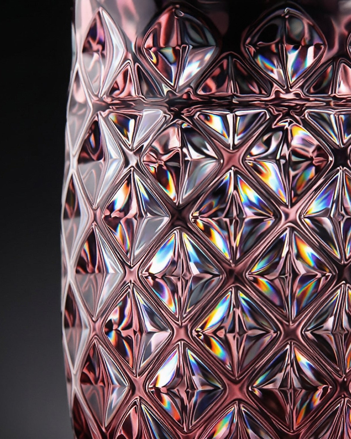 Pink textured glass tumblers and a blue candle holder on a wooden surface