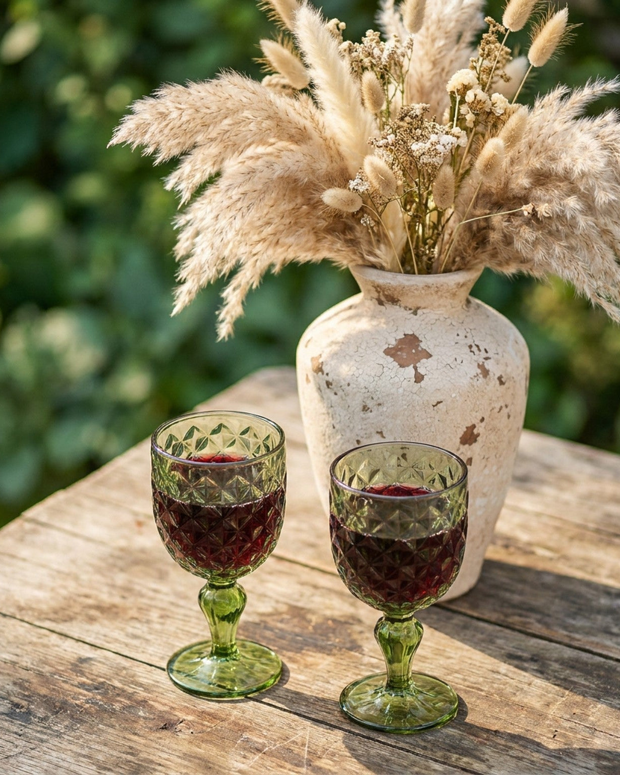 Green glass goblet with textured design on a marble surface