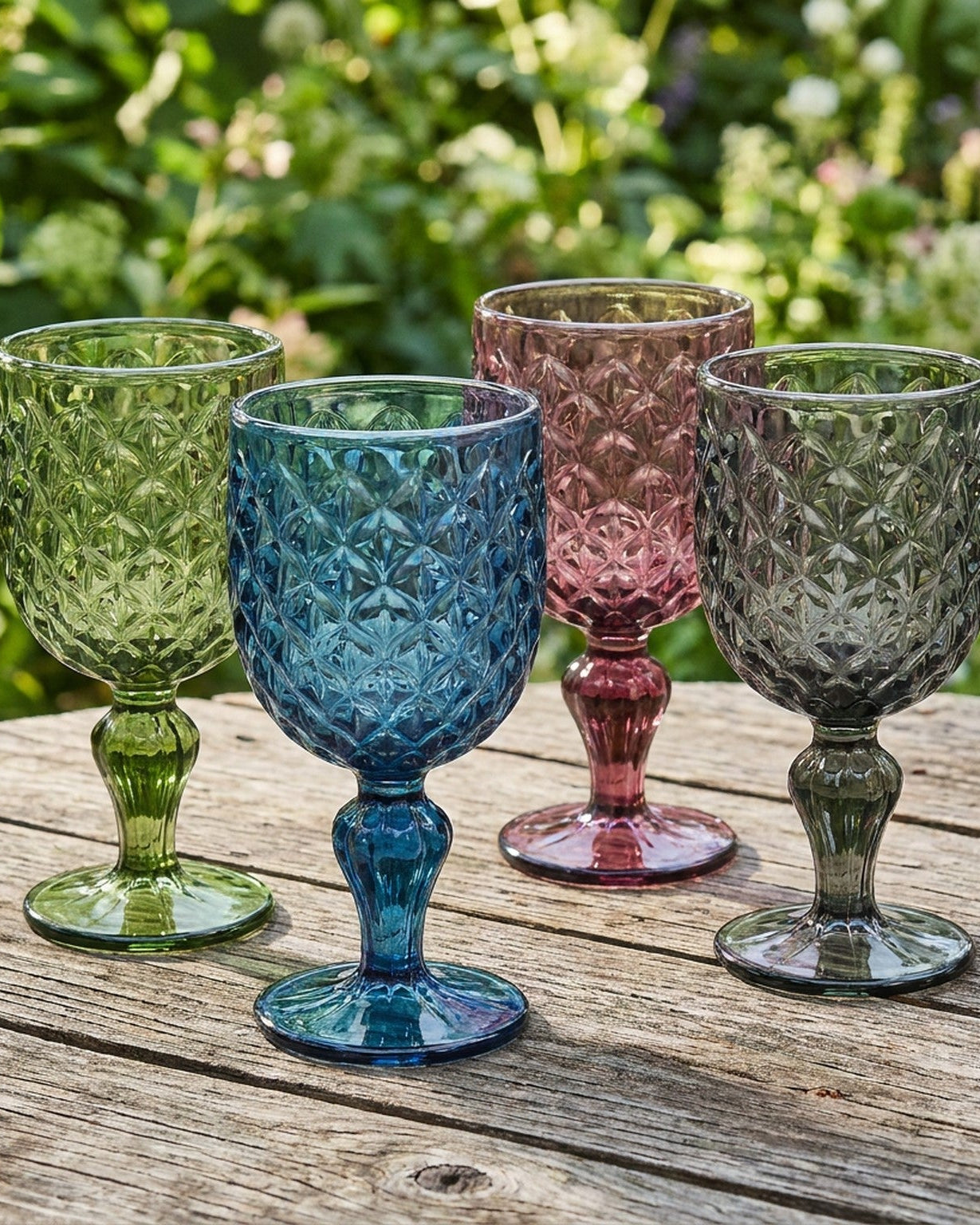 Four colorful glass goblets on a marble surface with a light gray background