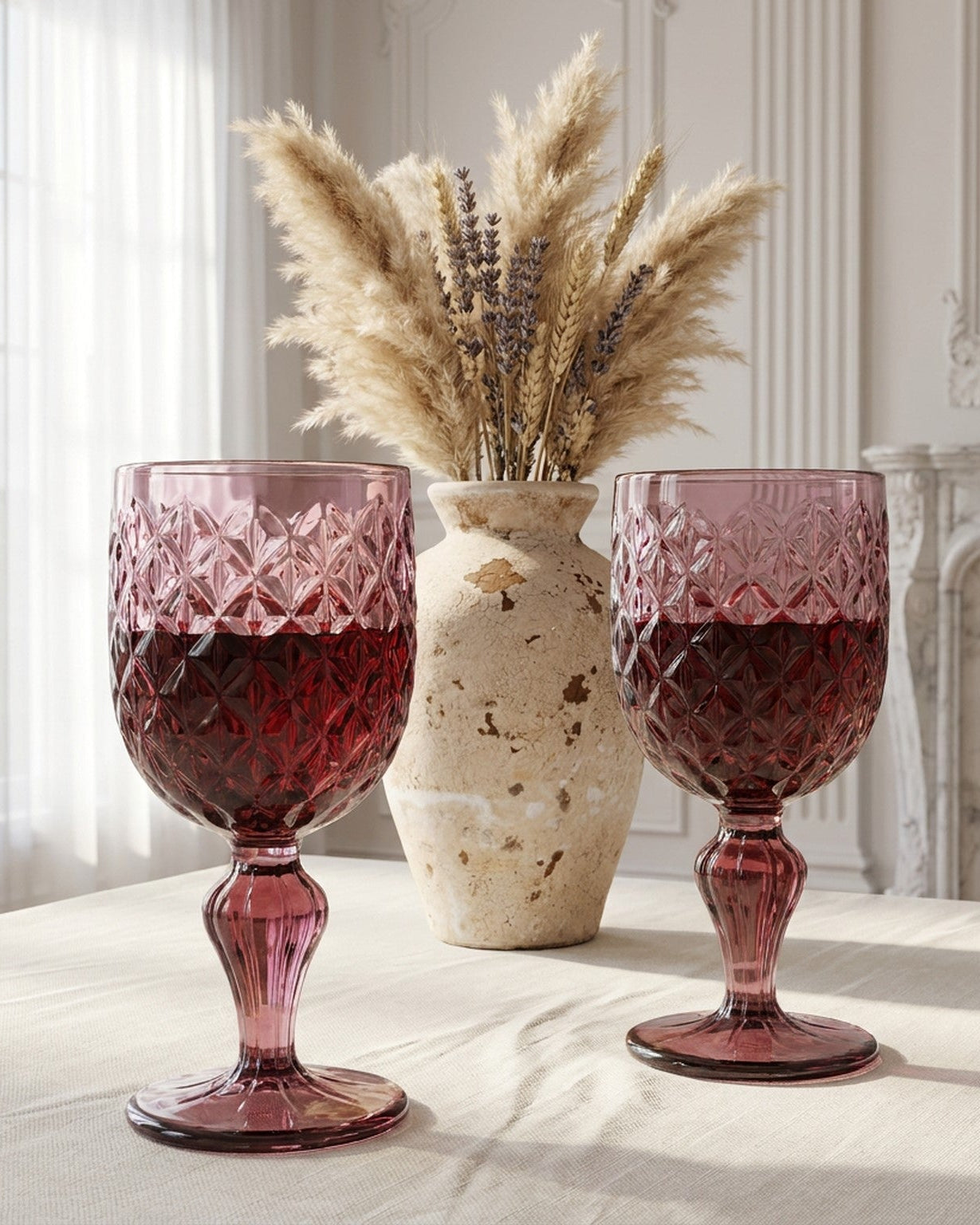 Two purple crystal goblets on a light marble background