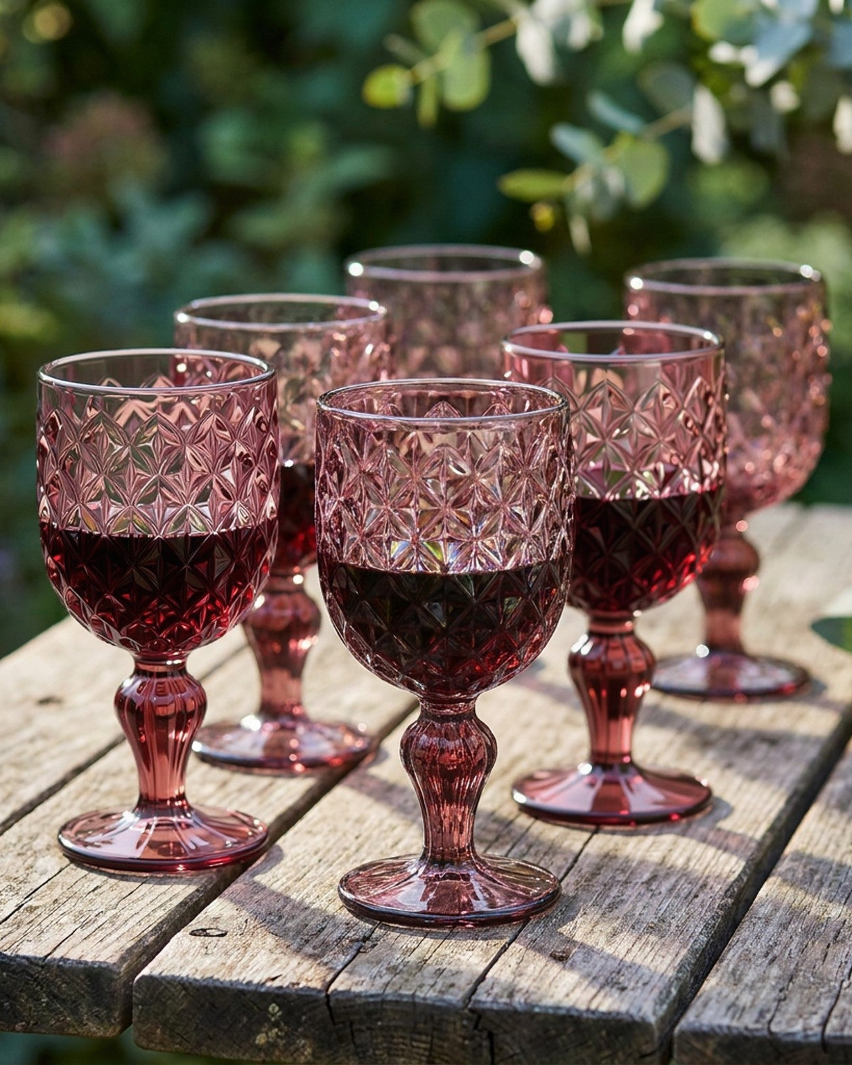 Set of six purple glass goblets with intricate designs on a white background