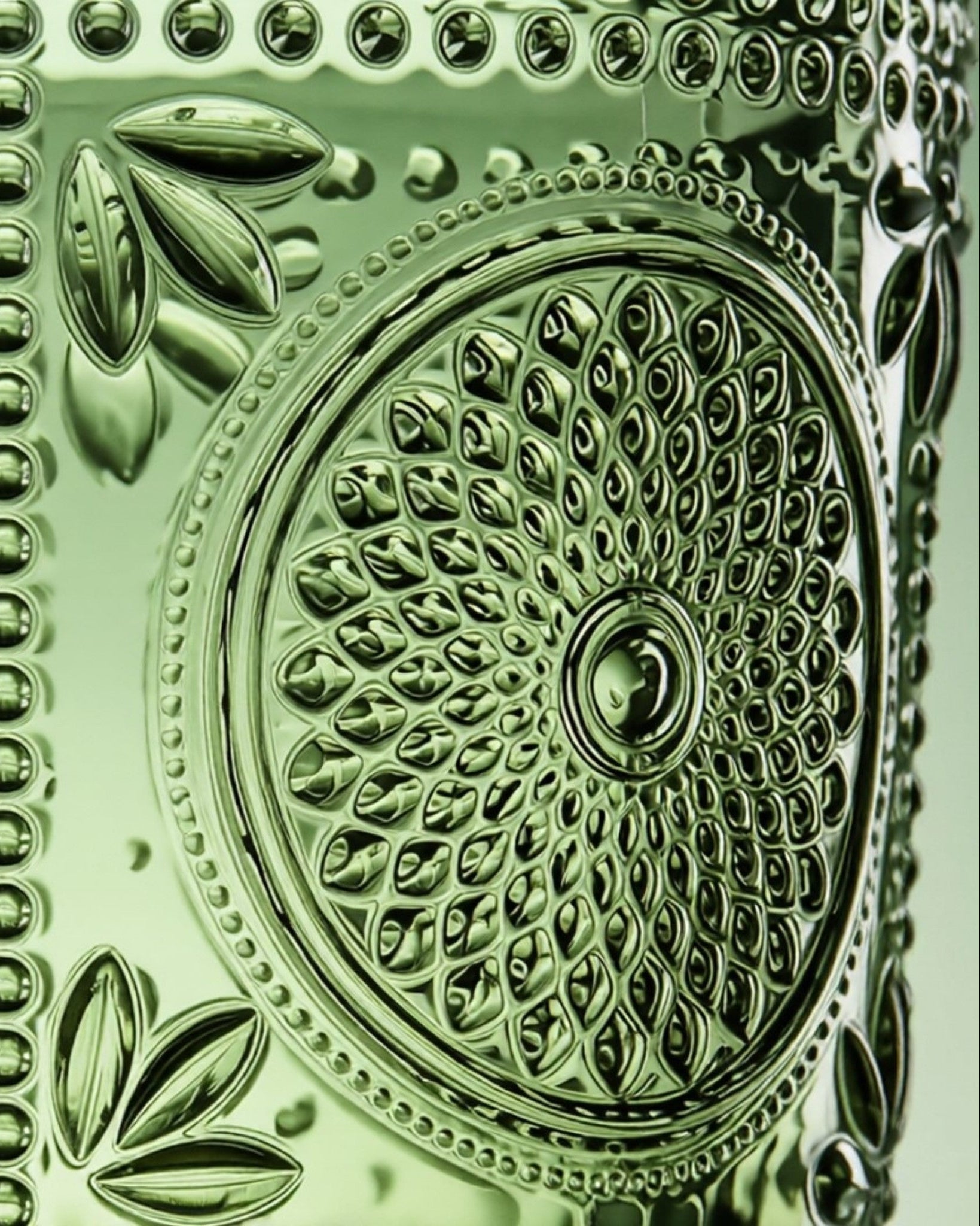 Set of green glass tumblers with embossed designs on a white surface