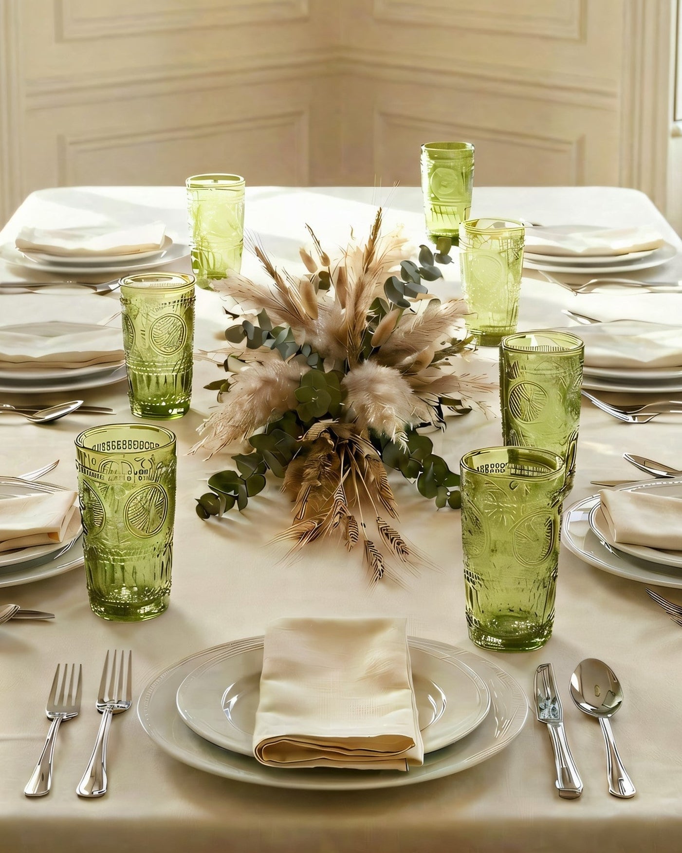 Two green textured glasses on a white surface with a white background