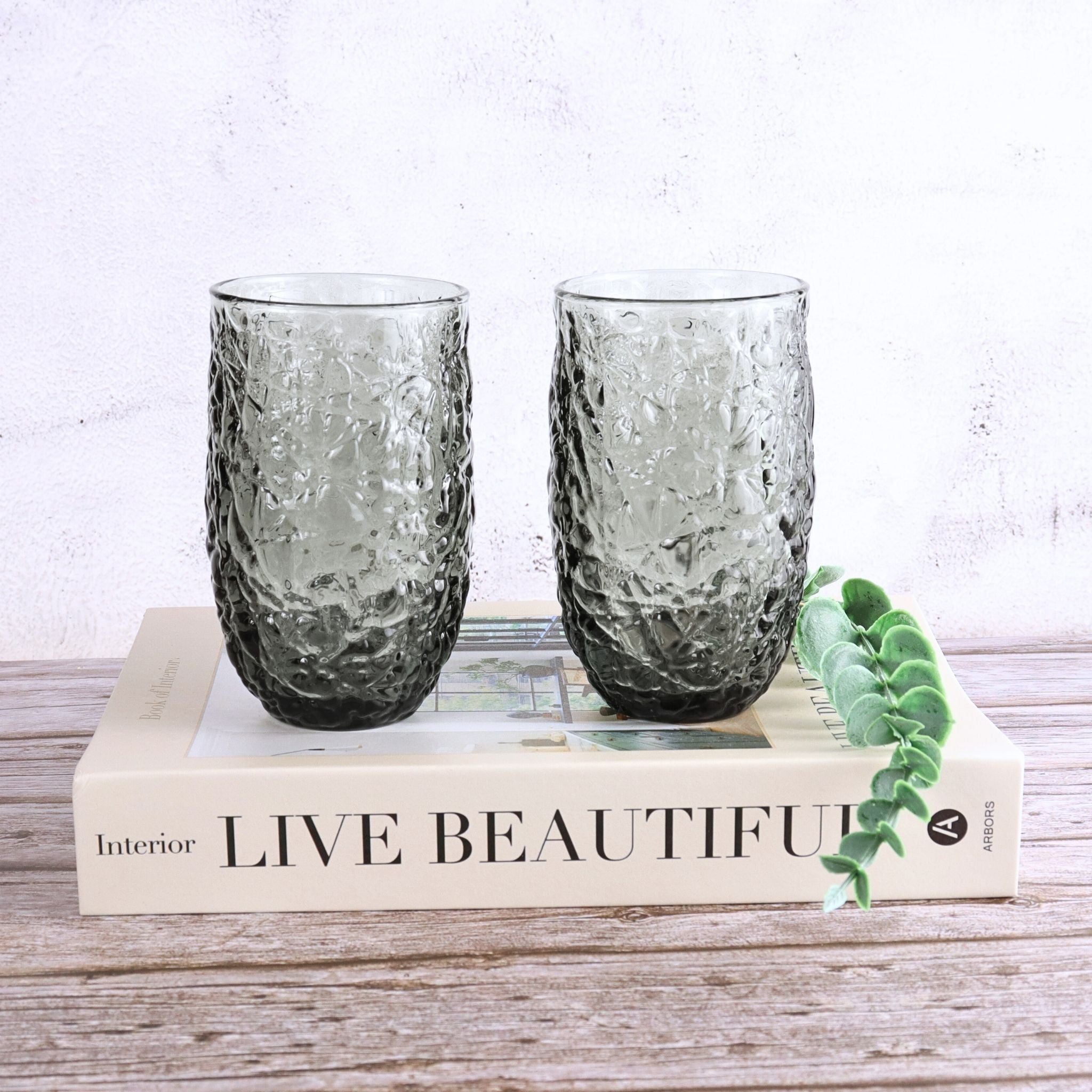 Two textured glass tumblers on a book with a plant, against a light background